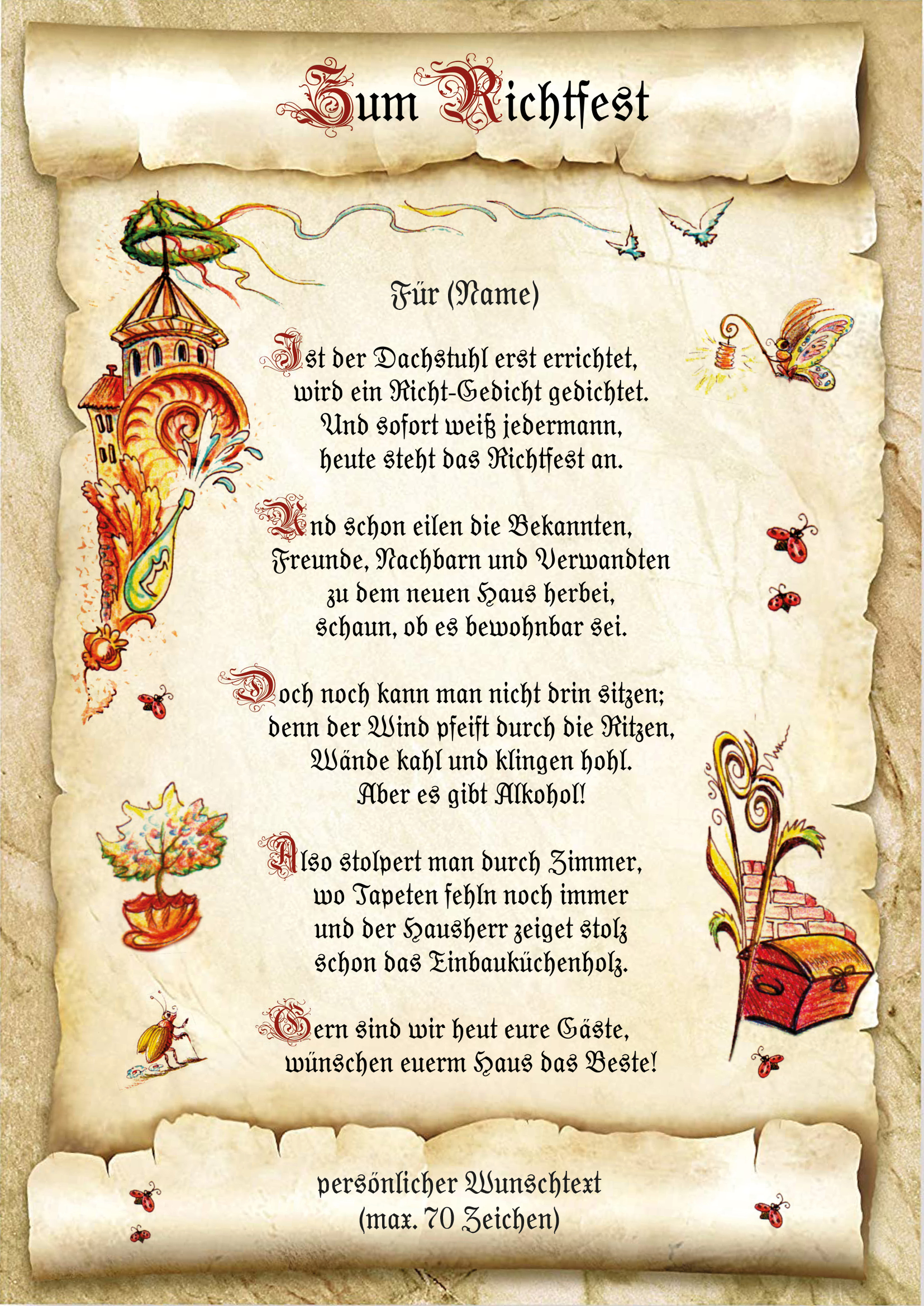 Wunschtext und günstig Kaufen-Urkunde Richtfest mit persönlichem Wunschtext. Urkunde Richtfest mit persönlichem Wunschtext <![CDATA[Der Versand des Bildes mit dem optional erhältlichen Bilderrahmen erfolgt in 2 getrennten Lieferungen.]]>. 