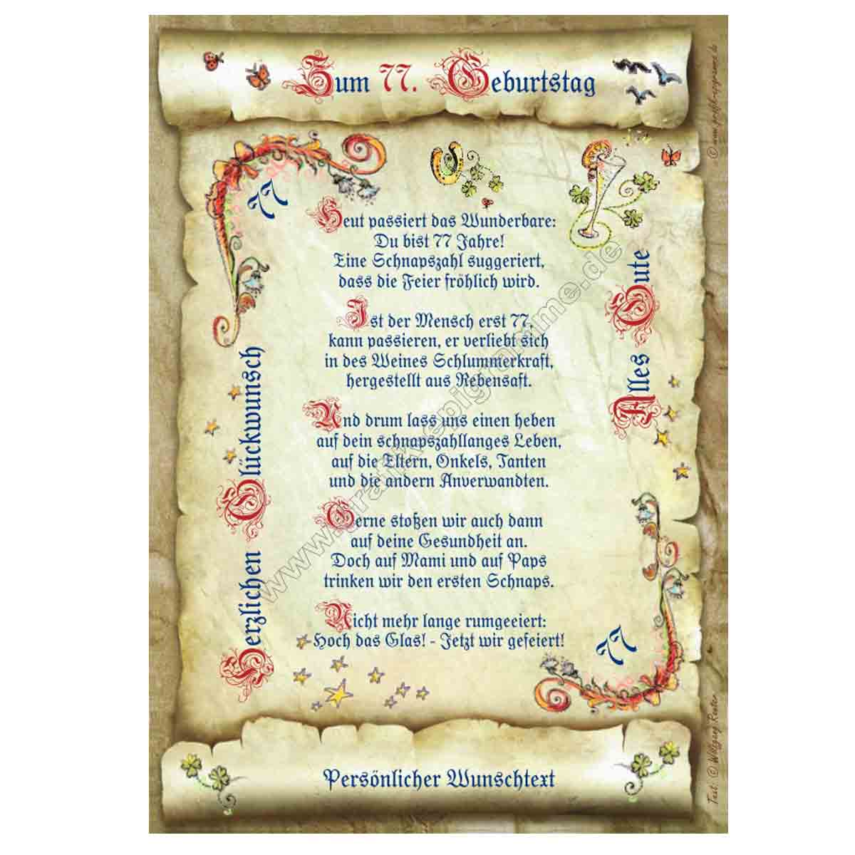 mit dem günstig Kaufen-Urkunde zum 77. Geburtstag mit Ihrem Wunschtext. Urkunde zum 77. Geburtstag mit Ihrem Wunschtext <![CDATA[Der Versand des Bildes mit dem optional erhältlichen Bilderrahmen erfolgt in 2 getrennten Lieferungen.]]>. 