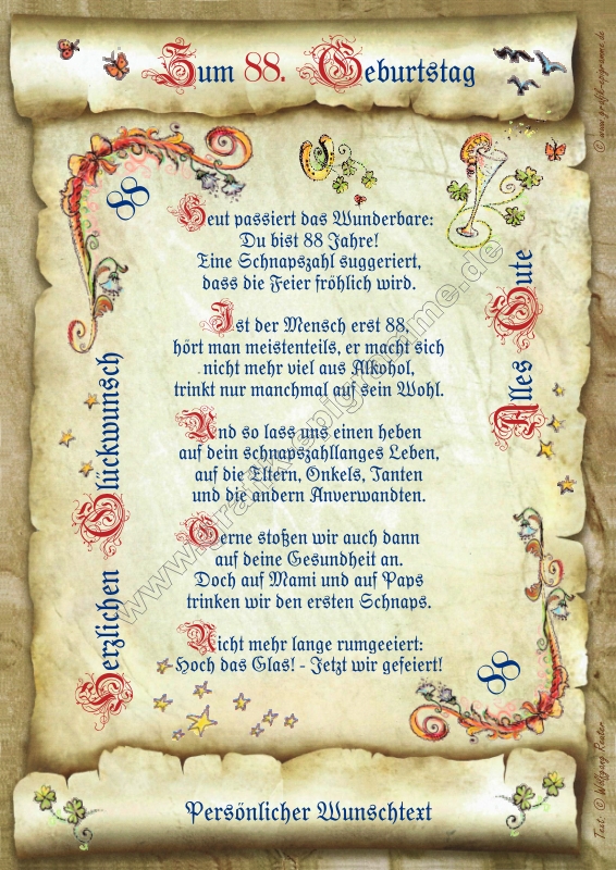 mit dem günstig Kaufen-Urkunde zum 88. Geburtstag mit Ihrem Wunschtext. Urkunde zum 88. Geburtstag mit Ihrem Wunschtext <![CDATA[Der Versand des Bildes mit dem optional erhältlichen Bilderrahmen erfolgt in 2 getrennten Lieferungen.]]>. 