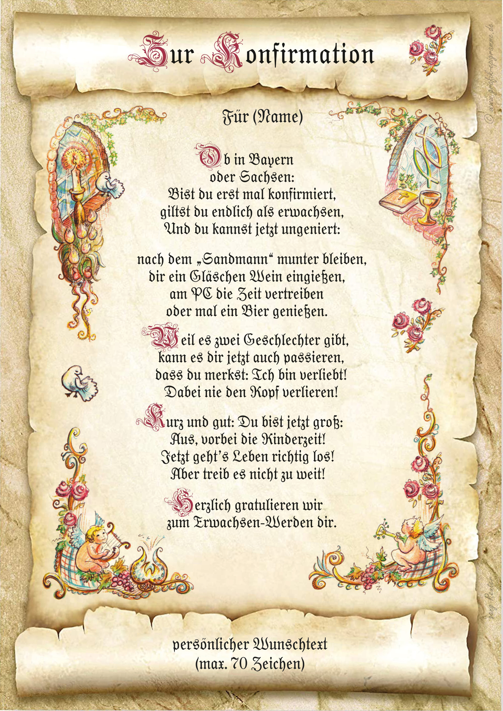 Urkunde zur günstig Kaufen-Urkunde zur Konfirmation mit Ihrem Wunschtext. Urkunde zur Konfirmation mit Ihrem Wunschtext <![CDATA[Der Versand des Bildes mit dem optional erhältlichen Bilderrahmen erfolgt in 2 getrennten Lieferungen.]]>. 