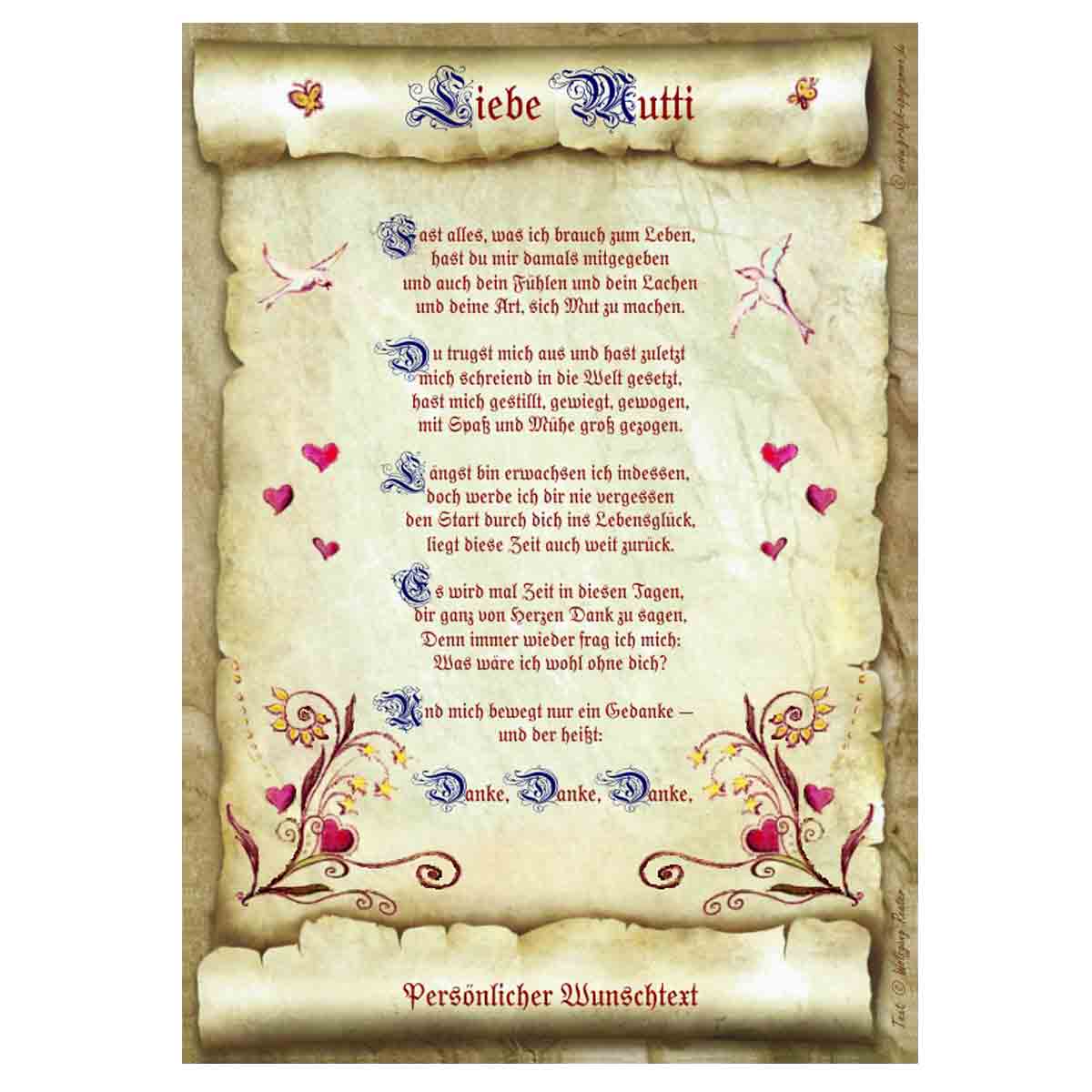 Wunschtext und günstig Kaufen-Urkunde für die liebe Mutti mit personalisiertem Wunschtext. Urkunde für die liebe Mutti mit personalisiertem Wunschtext <![CDATA[Der Versand des Bildes mit dem optional erhältlichen Bilderrahmen erfolgt in 2 getrennten Lieferungen.]]>. 