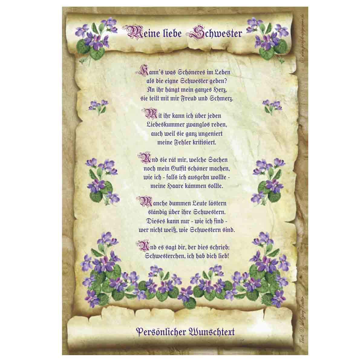 Wunschtext und günstig Kaufen-Urkunde für die liebe Schwester mit personalisiertem Wunschtext. Urkunde für die liebe Schwester mit personalisiertem Wunschtext <![CDATA[Der Versand des Bildes mit dem optional erhältlichen Bilderrahmen erfolgt in 2 getrennten Lieferungen.]]>. 