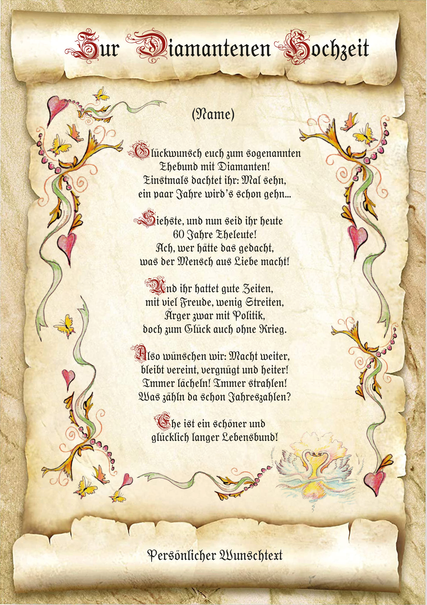 Urkunde zur günstig Kaufen-Urkunde zur Diamantenen Hochzeit. Urkunde zur Diamantenen Hochzeit <![CDATA[Der Versand des Bildes mit dem optional erhältlichen Bilderrahmen erfolgt in 2 getrennten Lieferungen.]]>. 