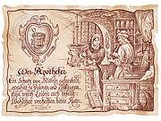Dieses liebevoll gestaltete Kunstbild schenkt seine volle Aufmerksamkeit dem Beruf Apotheker . Ein passender Vers verleiht diesem Bild eine ganz besondere Note: "Ein Schatz von Mitteln ... Zunftbild Apotheker auf Antikpapier im A4-Format