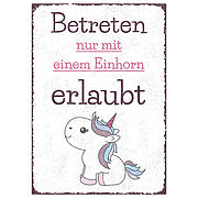 Mit diesem Aluminiumschild wird der Zutritt klar geregelt - man kommt nur mit einem Einhorn rein! Das Schild könnte beispielsweise an einer Kinderzimmertür hängen. Zum Design des Schildes gehört das ... Betreten nur mit einem Einhorn erlaubt - Aluminiumschild A4